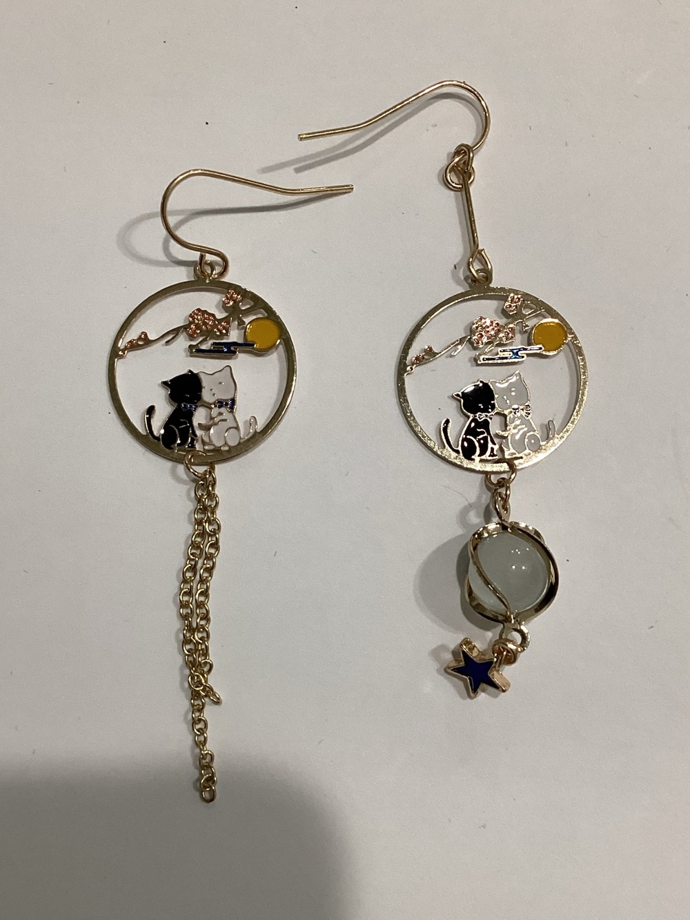 Fashion Jewelry‎ Gold-tone Cat & Moon Drop Earrings with Black and White Accents